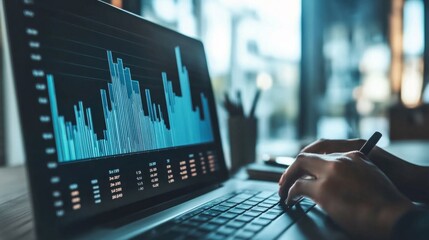 A person is working in an office with a transparent price fluctuation bar chart in front of them, AI Generative