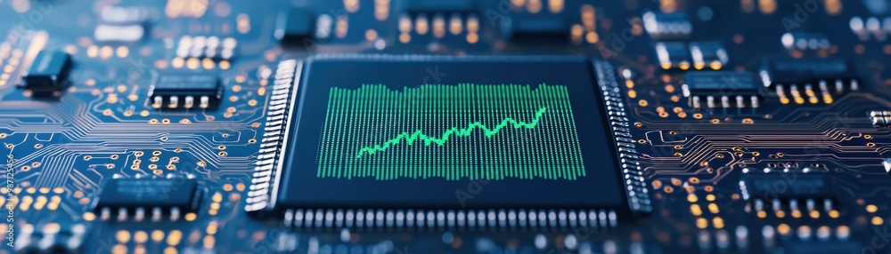 Poster a circuit board showcasing a display of an upward trending graph, symbolizing technology and progres