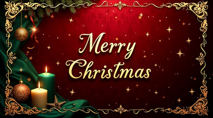 This festive banner captures the spirit of Christmas with deep red and emerald green colors, featuring ornate gold accents, candles, and holiday ornaments for joyful decoration