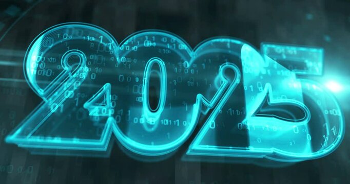 2025 year symbol digital concept. Cyber technology and computer background abstract 3d. Seamless and loopable.