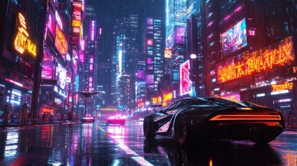 Obraz premium Cyberpunk Cityscape with Neon Lights and Rain
