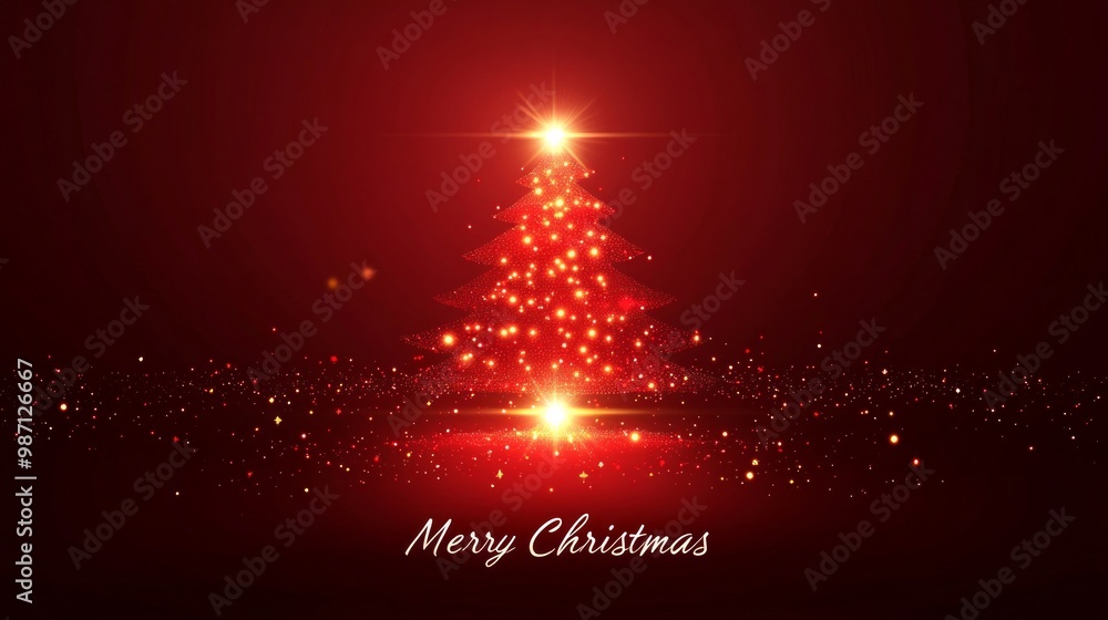 Aufkleber a red background with glowing lights forming the shape of an illuminated christmas tree, ai generati