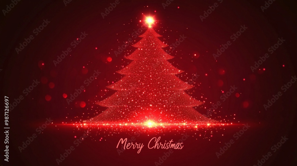Aufkleber a red background with glowing lights forming the shape of an illuminated christmas tree, ai generati