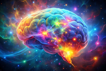 Obraz premium A glowing, multicolored nebula in the shape of a human brain, symbolizing the vastness of human imagination.