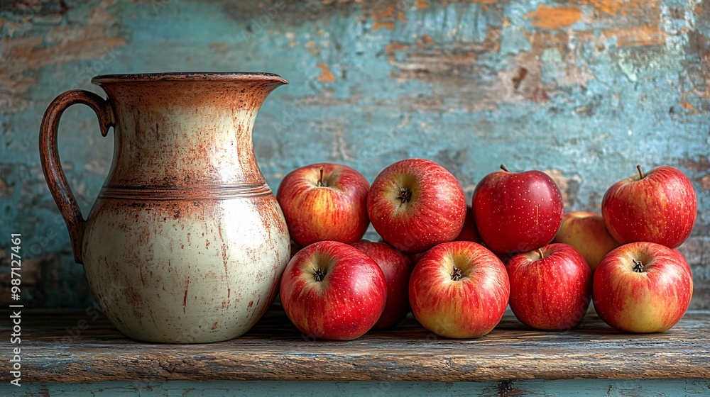 Wall mural a serene still life featuring a pitcher and fresh apples on a wooden surface, capturing timeless sim