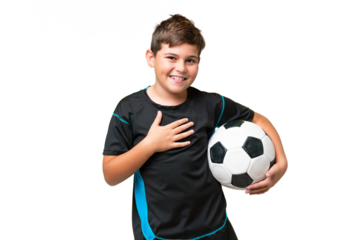 Little caucasian football player kid over isolated chroma key background smiling a lot