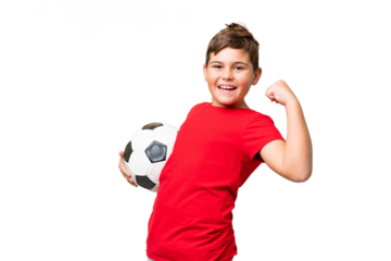 Little caucasian kid over isolated chroma key background with soccer ball celebrating a victory
