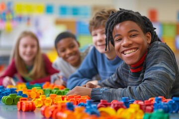 Diverse group of smiling children with mental disabilities playing with colorful building blocks in classroom. Focus on joyful Black boy in foreground. Vibrant, inclusive learning environment