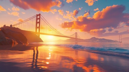 a super realistic picture of the Golden Gate Bridge in San Francisco by sunrise. Bright and happy colors, ultra HD, AI Generative