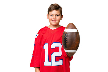 Little caucasian kid playing rugby over isolated chroma key background smiling a lot
