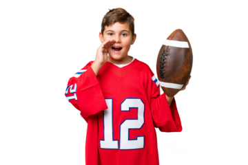 Little caucasian kid playing rugby over isolated chroma key background shouting with mouth wide open