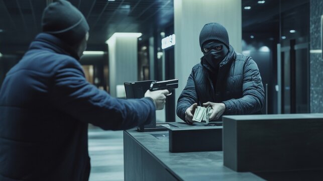 A tense bank robbery scene with a single robber wearing a ski mask and dark clothing. The robber is holding a gun, AI Generative
