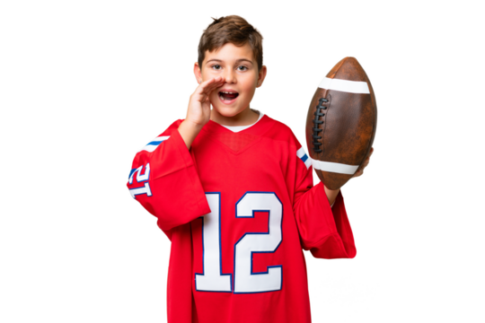 Little caucasian kid playing rugby over isolated chroma key background shouting with mouth wide open - Powered by Adobe