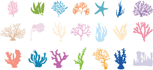 Set of flat coral reefs and seaweeds silhouettes. Underwater coral reef, algae and sea kelp in hand drawn doodle style. Marine aquarium plants illustration. Coral icons set © Accountanz
