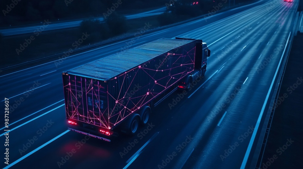 Poster a truck transporting a container on a highway, with neural network data visualizations for route opt