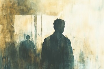 Obraz premium The Quiet Observer - A Watercolor Depiction of a Discreet Figure Amidst a Group with Blurred Expressions