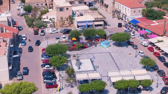 greece peloponnese region aeropoli town unique architecture stone houses and town square aerial view