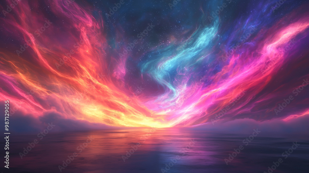 Poster a breathtaking view of colorful clouds reflecting on a calm ocean at sunset, creating a vibrant and 