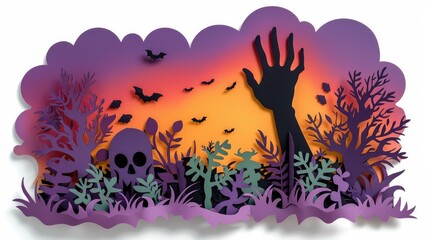 Fototapeta premium Spooky silhouette landscape with bats skull and ominous hand at mysterious Halloween dusk Eerie haunting and atmospheric scene with a gothic supernatural and macabre feel
