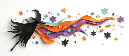 Naklejka premium Whimsical of a witch riding a broom surrounded by swirling glowing stars in a dramatic dark night sky The witch s silhouette is a bold creative design element against the abstract
