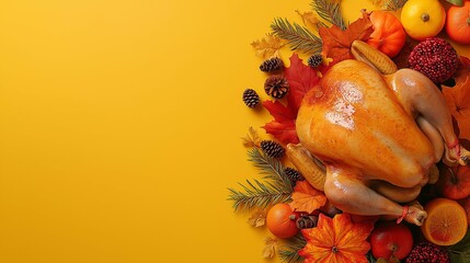 HAPPY Thanksgiving banner template. Flat lay composition with [turkey] and [autumn leaves] on [pastel orange] background. Top view with copy space.