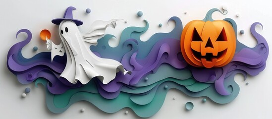 Whimsical and Stylized Halloween Themed Paper Art Scene Featuring a Carved Pumpkin Ghost Witch and Other Spooky Elements in an Atmospheric and Playful Composition
