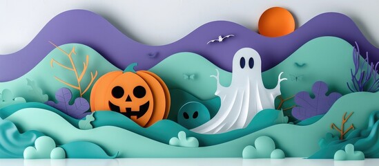 Spooky and whimsical paper cut style Halloween landscape with a carved pumpkin ghostly apparition and surreal papercraft elements against a nighttime backdrop