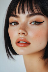 Fototapeta premium Young woman with flawless makeup showcasing a modern beauty look against a neutral backdrop in soft lighting