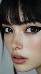 Fototapeta premium Close-up portrait of a young woman with striking eyeliner and freckles, showcasing natural beauty and captivating expression