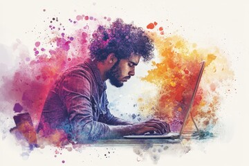 Overwhelmed Young Adult Man Experiencing Burnout Staring at Computer Screen - Watercolor Illustration of Diverse Background