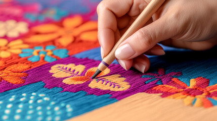 Obraz premium A close-up of a hand using a colored pencil to create intricate floral patterns on vibrant fabric textile art.