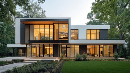 Fototapeta premium Modern house reconstruction features sleek lines, expansive windows, and bold accents
