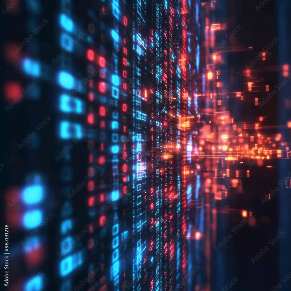 Poster a computer screen with a lot of numbers and bright colors