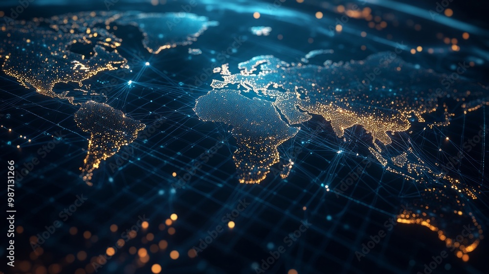Poster abstract digital map of the world with glowing connections and global network concept on a dark blue
