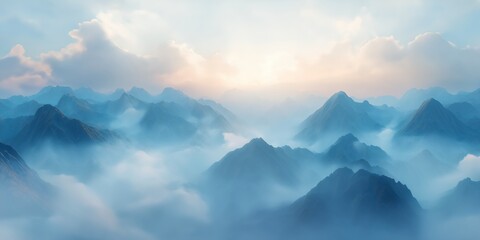 Obraz premium Picturesque panorama of mountains in fog and cloudsin a beautiful sunrise light. Based on Generative AI
