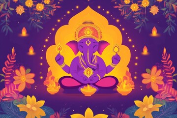 abstract background Diwali festival of India. cartoon style, draw by illustrator.add the big Ganesh. purple shade, orang, yellow tone