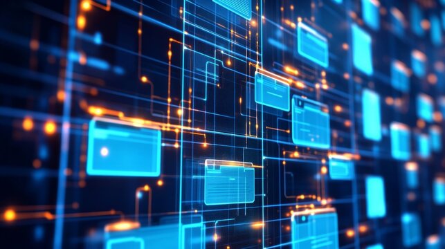 Abstract network grid with files and folders, futuristic software interface, digital document management system, store, search and organize documents, AI Generative
