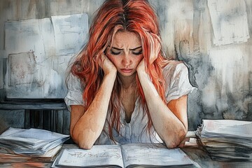 Overwhelmed Young Woman Experiencing Burnout at Messy Desk in Watercolor Style