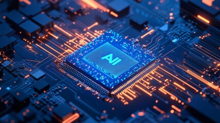 Obraz premium AI Computer chip in abstract digital hand five fingers. Artificial Intelligence innovation concept. Tech background. CPU chip in top view with AI lett, AI Generative