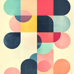 An abstract geometric pattern of pastel circles and squares creates a soft, modern design.
