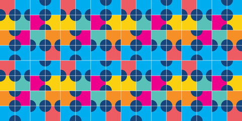 Seamless decorative geometric pattern of circle shapes with colorful checkerboard background. Perfect for printing, design and textiles