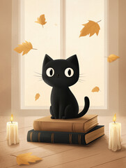 whimsical black cat sits on books surrounded by autumn leaves and candles