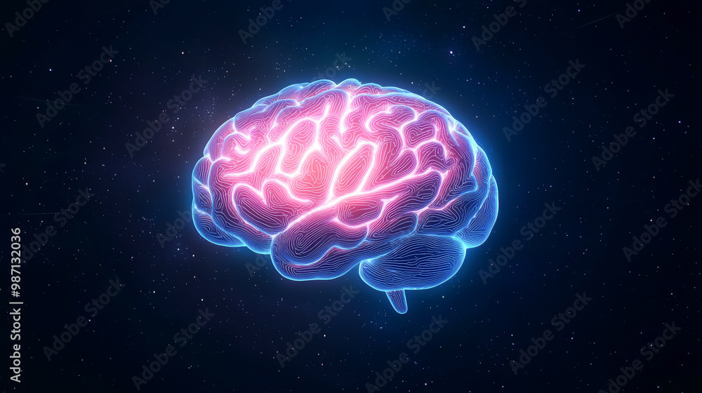 Poster a creative representation of a brain illuminated in vibrant colors, symbolizing intelligence and tec