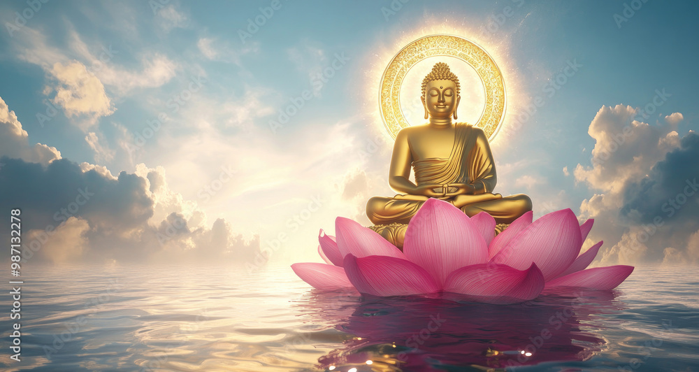 Wall mural a golden buddha sitting on a pink lotus in water, with a blue sky and white clouds in the background