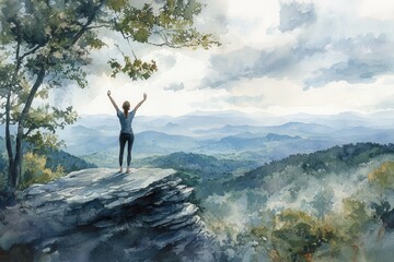 Serene Yoga Pose on Mountaintop: Nature-Inspired Stress Relief in Watercolor Style with Soft Brushstrokes
