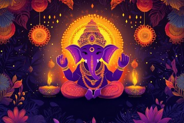 abstract background Diwali festival of India. cartoon style, draw by illustrator.add the big Ganesh. purple shade, orang, yellow tone