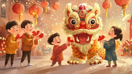 Fototapeta premium An illustration of the New Year, on the left, a group of children is setting off firecrackers. In the center, AI Generative