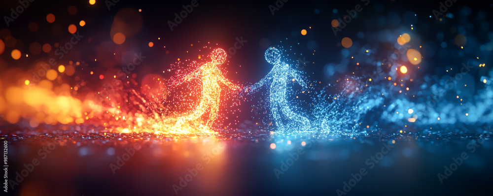 Poster a dynamic representation of connection, featuring two figures in vibrant colors, symbolizing unity a