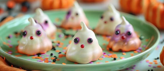 Cute and playful ghost shaped meringue cookies decorated with colorful autumn sprinkles and served on a festive Halloween themed plate
