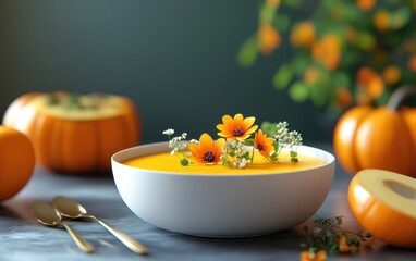 Pumpkin Soup with Flower Garnish